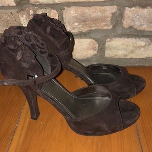 Brown suede open toe pumps with ruffle detail